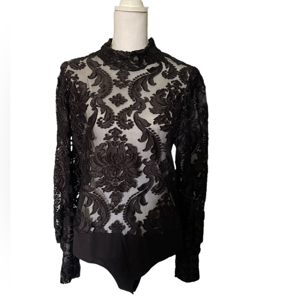Fashion Nova black lace floral bodysuit mockneck long sleeve1XL evening cocktail
